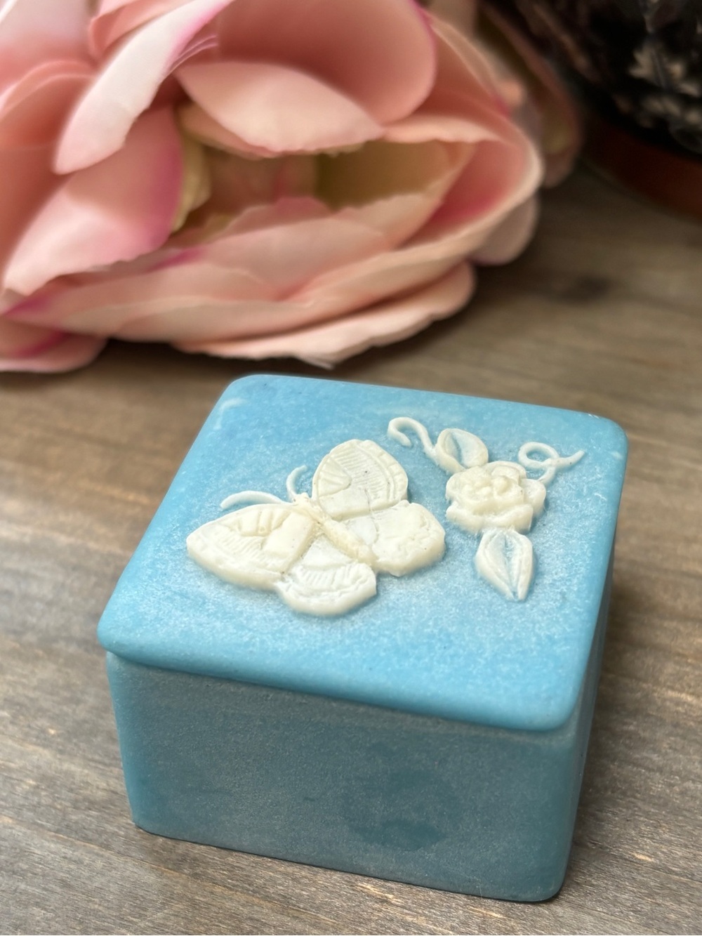 Vintage Incolay Trinket Box Turquoise Blue, 3D White Butterfly Flower